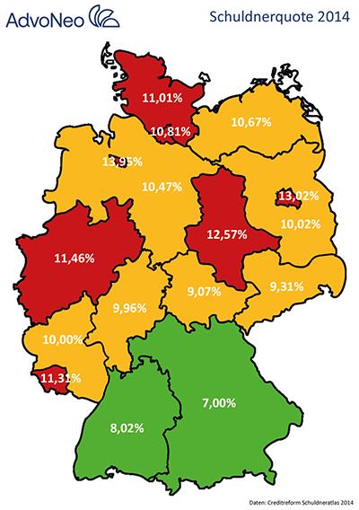 Deutschlandkarte Schuldnerquote 2014