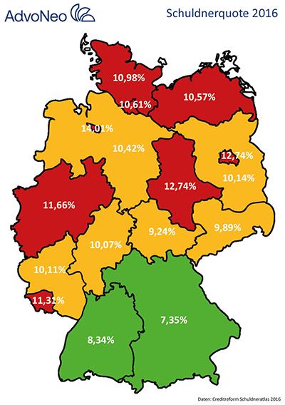 Deutschlandkarte Schuldnerquote 2016