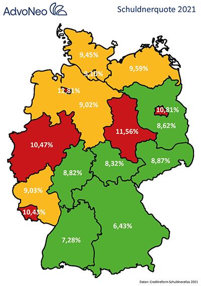Deutschlandkarte Schuldnerquote 2021