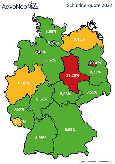 Deutschlandkarte Schuldnerquote 2022