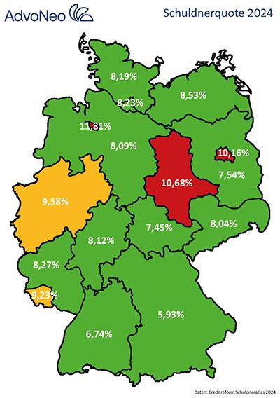 Deutschlandkarte Schuldnerquote 2024