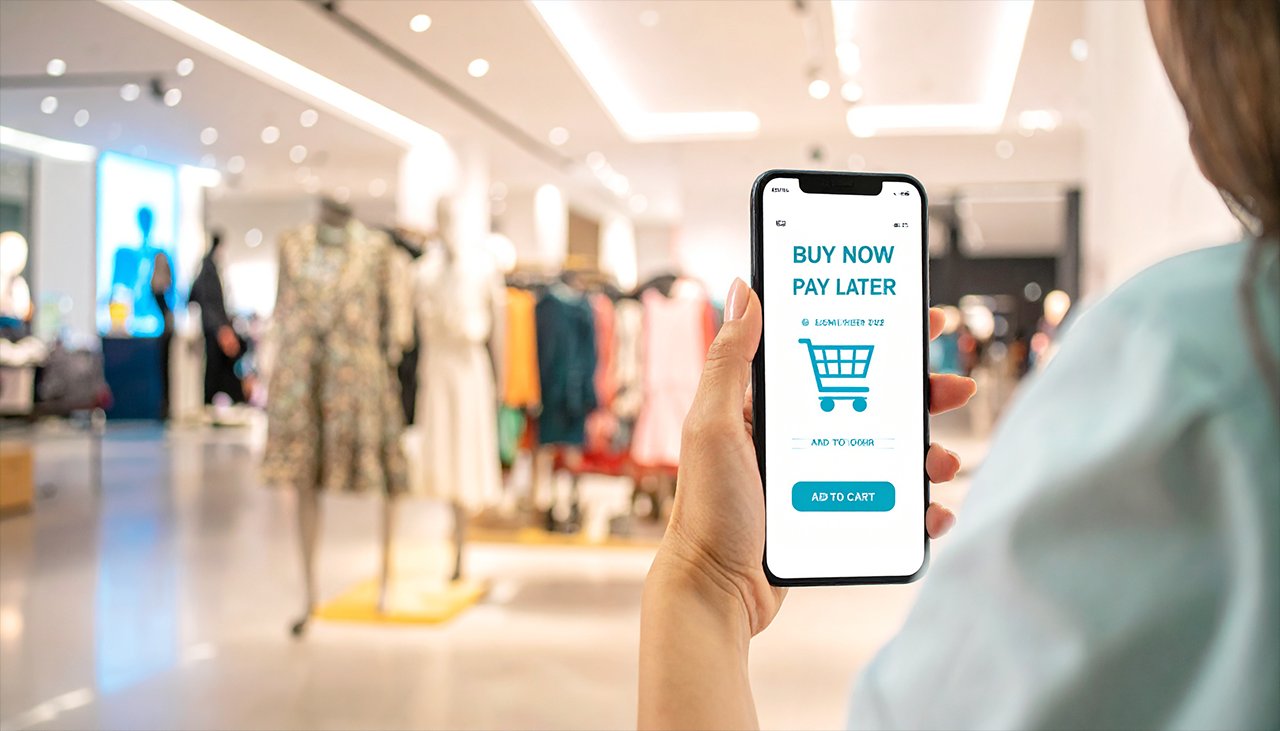 Frau hält Smartphone mit "Buy Now, Pay Later" - Symbolbild für flexible Ratenzahlung beim Online- oder In-Store-Shopping