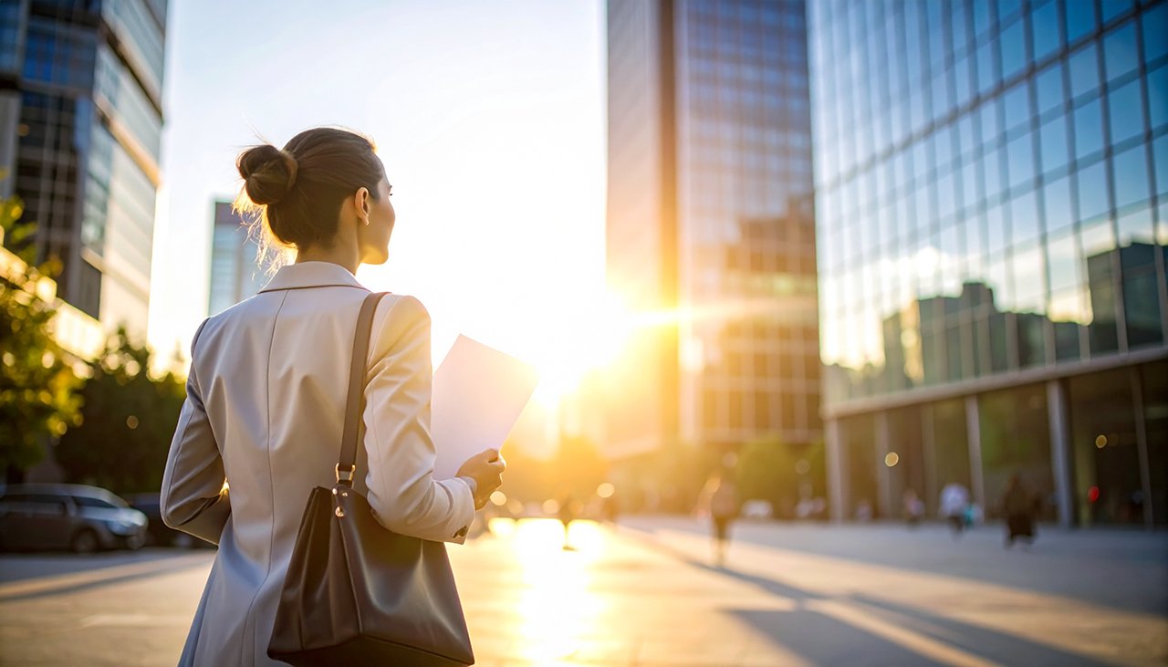 Frau auf dem Weg zur Arbeit steht nachdenklich vor Bürogebäude bei Sonnenaufgang - Schulden und der Arbeitgeber