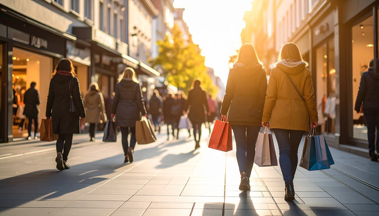 Schuldneratlas: Menschen mit Einkaufstaschen in einer sonnigen Einkaufsstraße