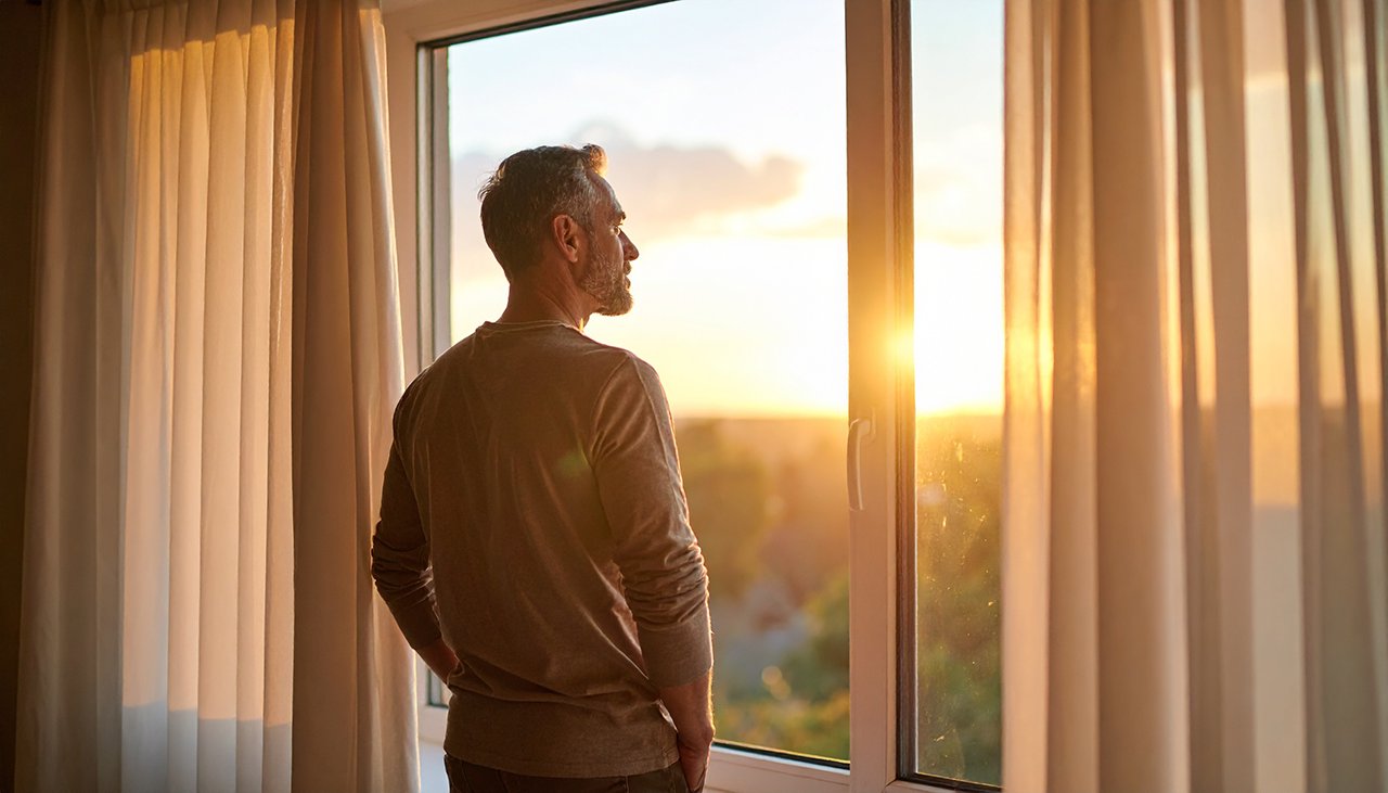 Person steht ruhig an einem offenen Fenster und blickt ins Licht - symbolisiert Hoffnung und einen enuen Anfang nach finanziellen Schwierigkeiten.