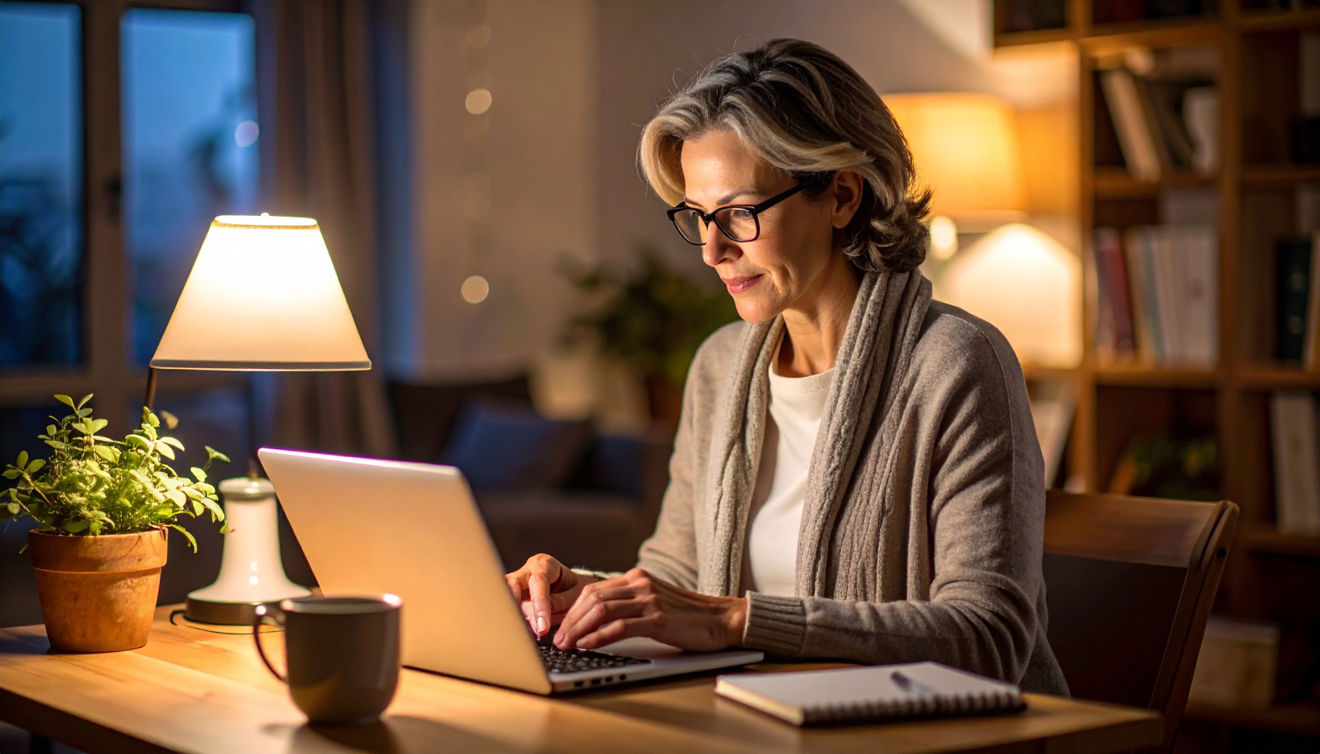 Eine Frau mittleren Alters sitzt am Laptop und arbeitet