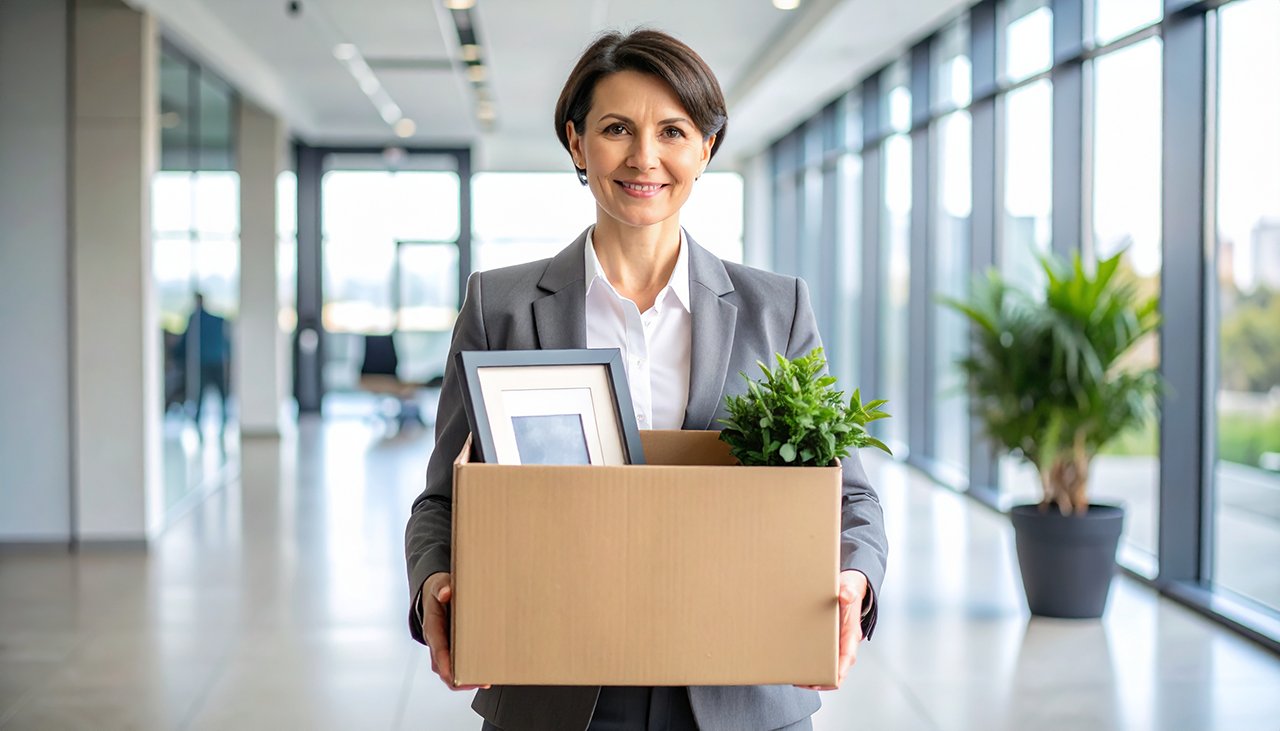 Jobverlust-Symbol: Entlassene Person verlässt Arbeitsplatz mit Karton privater Sachen