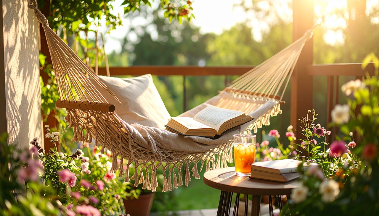 Urlaubsgefühl auf dem Balkon: Einfache Auszeit mit Buch, Hängematte und Eistee – entspannen trotz kleinem Budget.