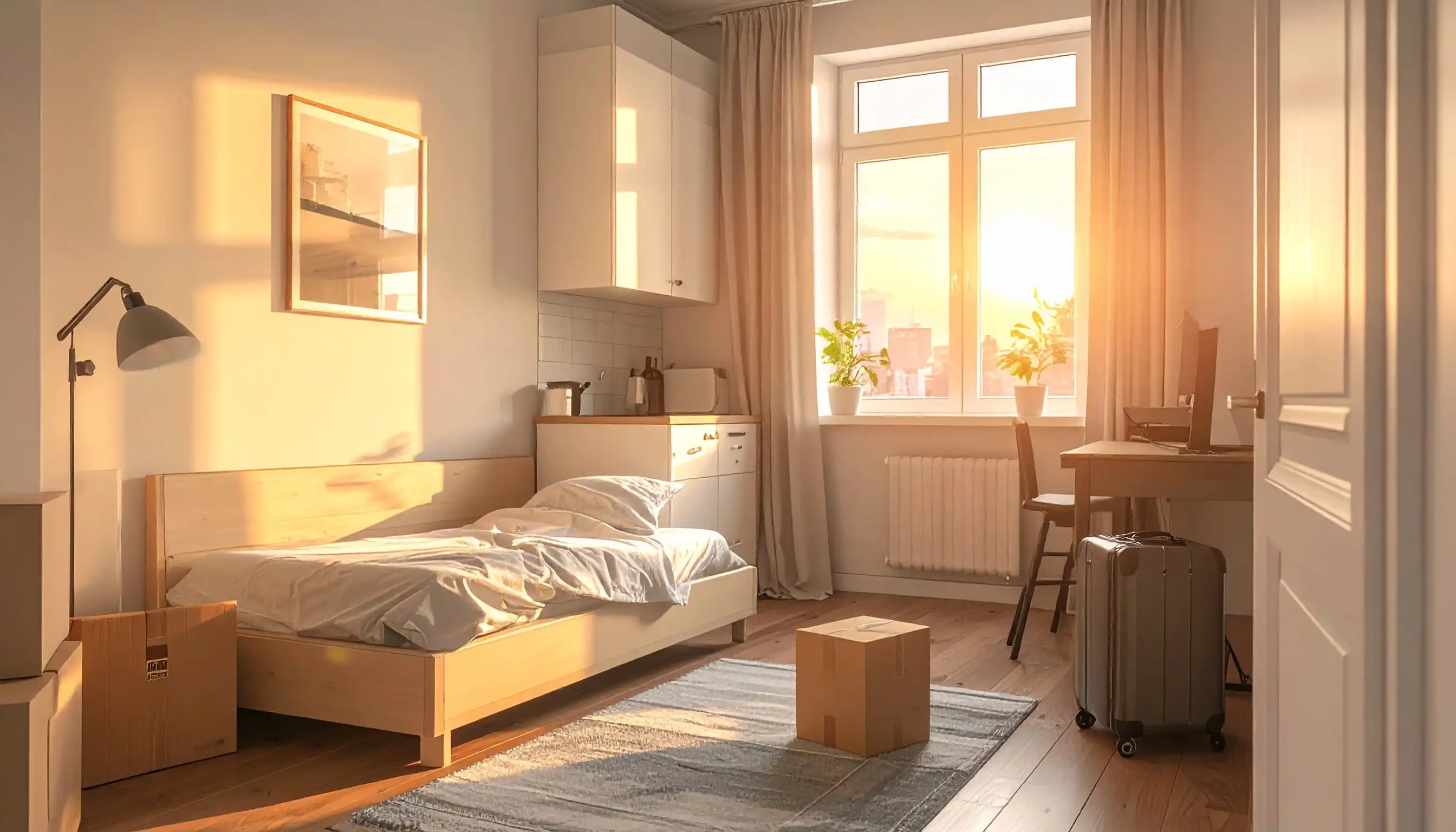 Kleine Einzimmerwohnung mit Bett, kompakter Küche, Schreibtisch und Umzugskartons.