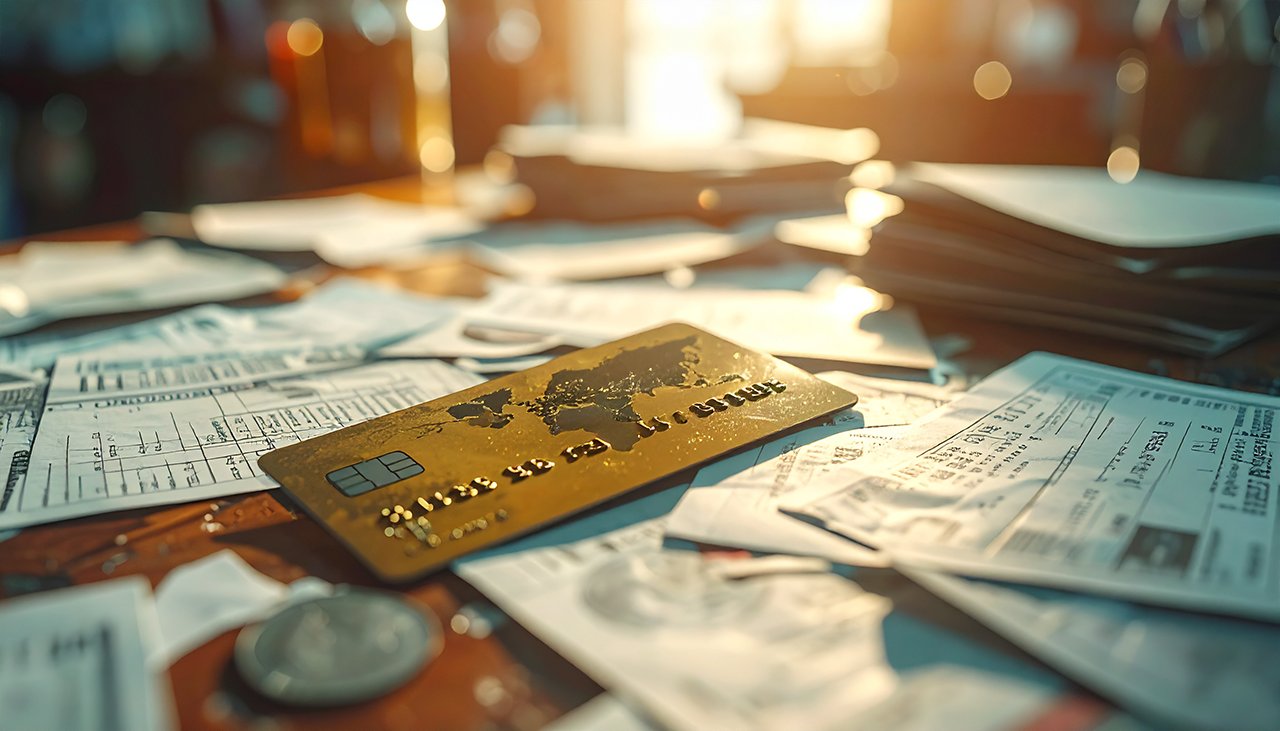 Kreditkarte liegt neben Rechnungen und Mahnungen – Symbol für wachsende Kreditkarten-Schulden - AdvoNeo