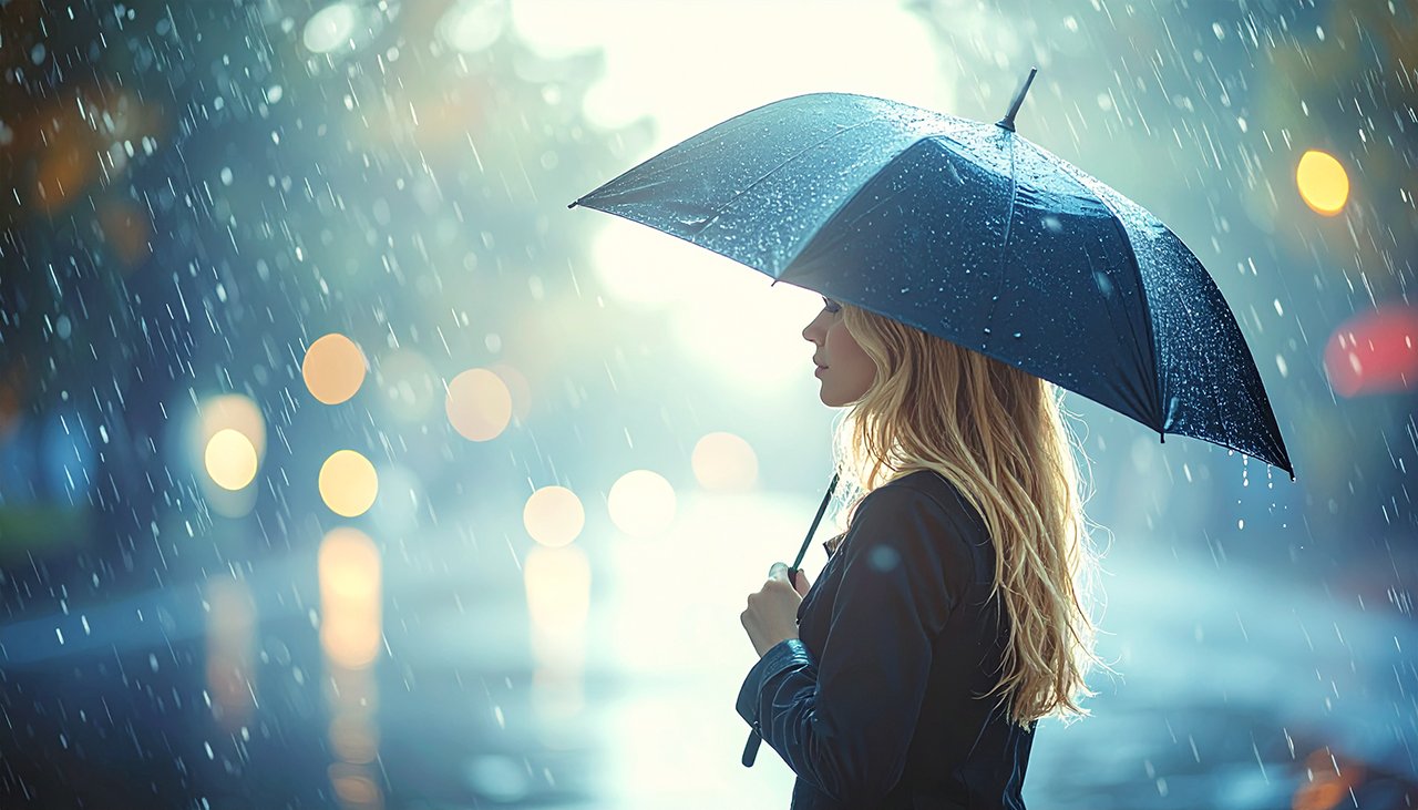 Person steht ruhig mit Schirm im Regen- Symbol für Sicherheit und finanzielle Stabilität in Krisenzeiten - AdvoNeo Schuldnerberatung