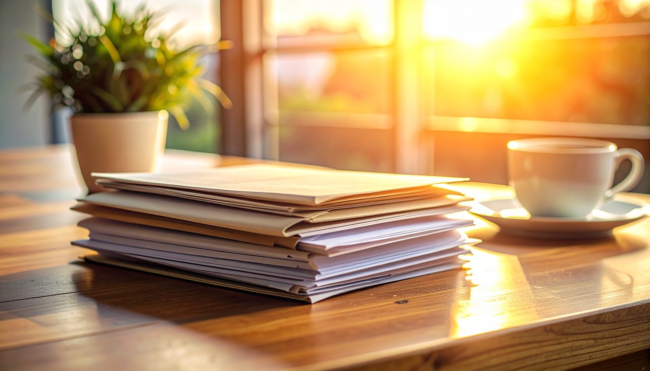 Symbol für Schuldnerberatung: Unterlagen-Stapel auf Holzschreibtisch | AdvoNeo Schuldnerberatung