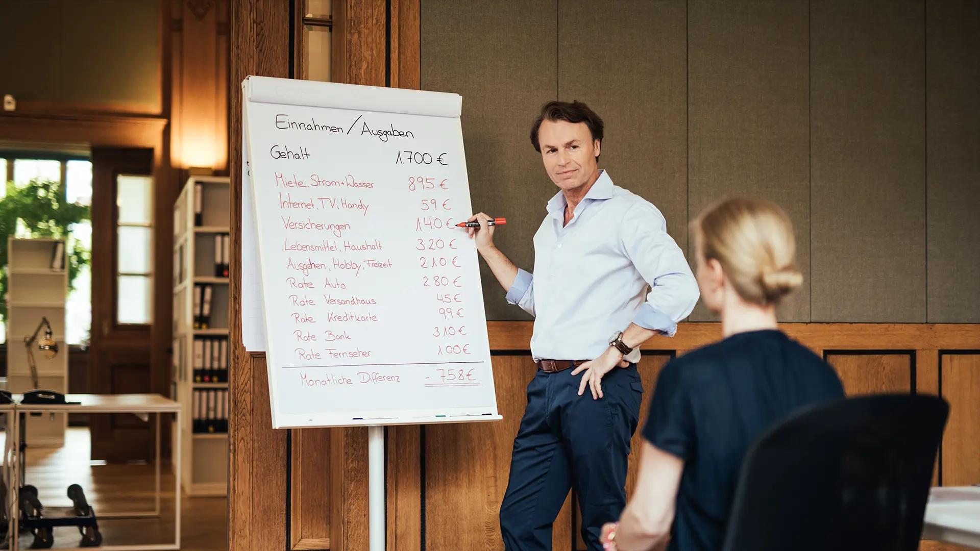 Anwalt steht vorm Flipchart und es ist eine Einnahme-Ausgabe-Rechnung zu sehen