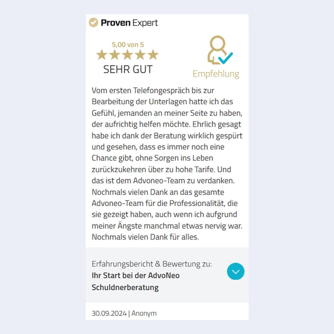 Proven Expert Bewertung 5 Sterne Anonym vom 30.09.2024