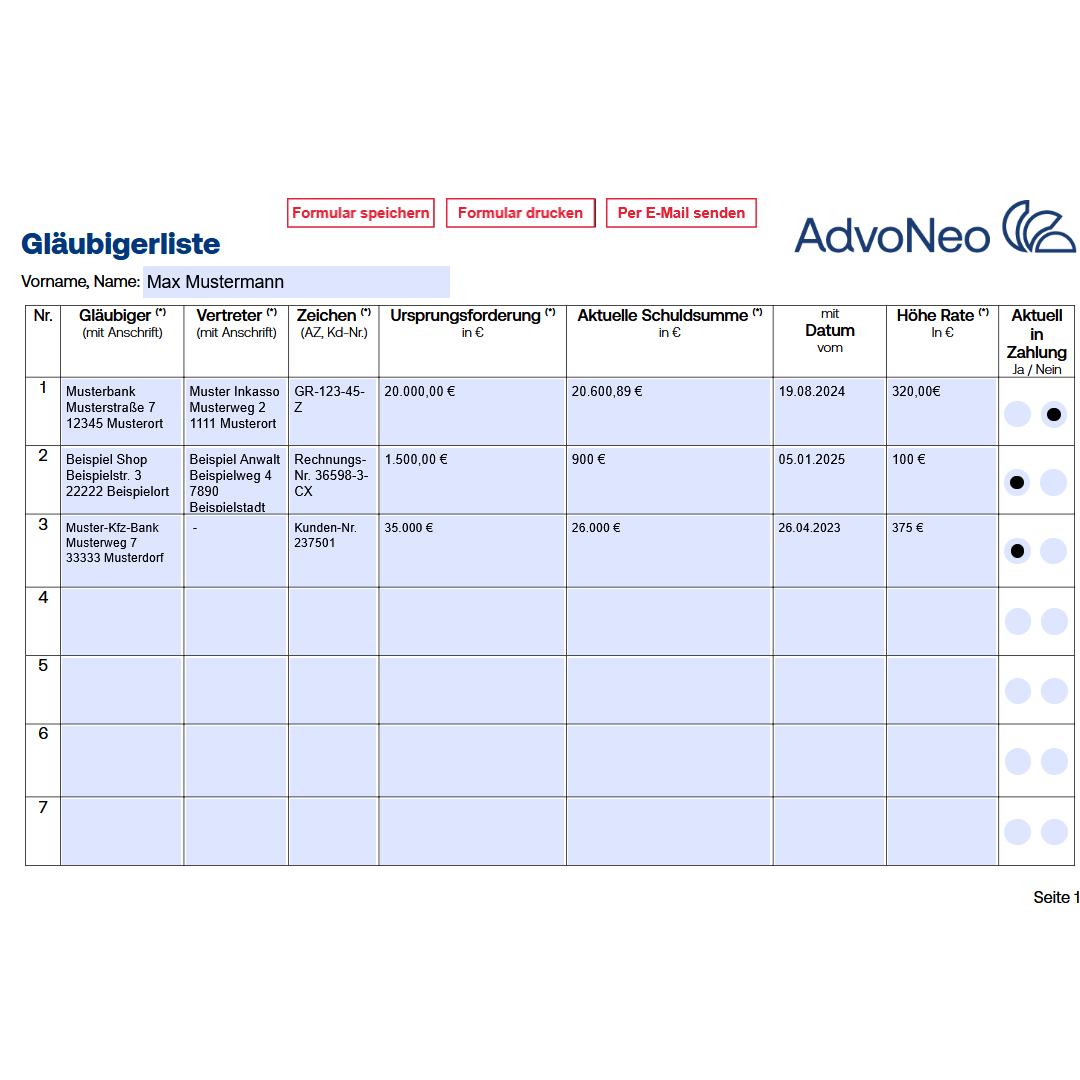 Gläubigerliste ausgefüllt Beispiel