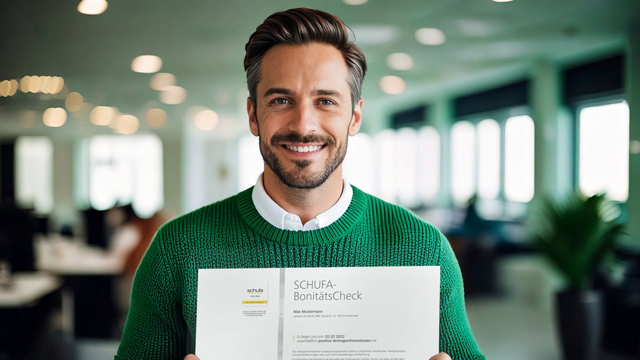 lächelnder Mann mit positiver SCHUFA Selbstauskunft in grünem Pullover