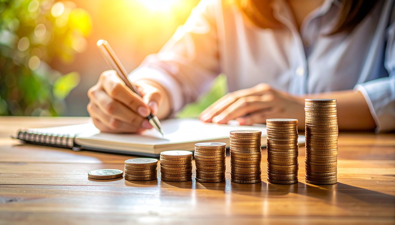 Gestapelte Münzen und Person beim Notizen machen – Symbol für konsumfreie Tage. Sparen und Finanzplanung.