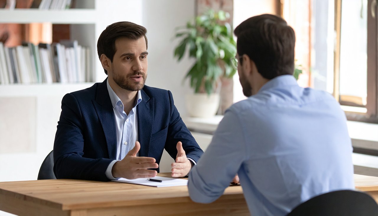 Personalgespräch zwischen Arbeitgeber und Mitarbeiter über finanzielle Sorgen – vertrauensvolle Hilfe bei Überschuldung - AdvoNEo Schuldnerberatung