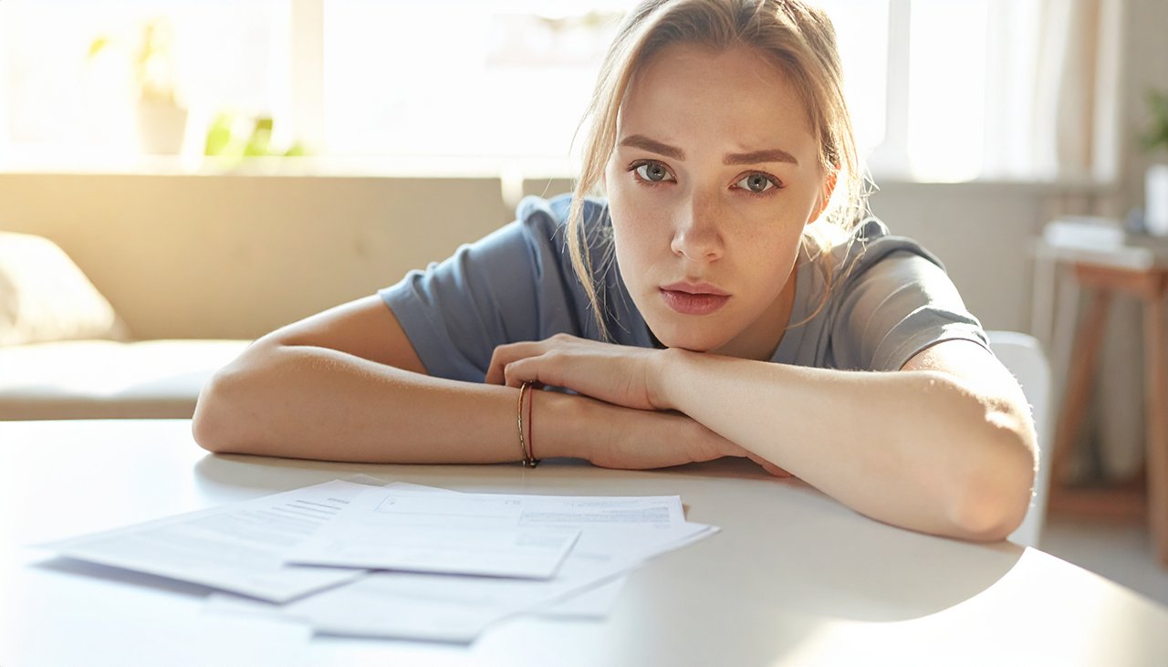 Alleinlebende Person sitzt nachdenklich am Tisch und prüft Rechnungen – finanzielle Belastung im Single-Alltag - AdvoNeo Schuldnerberatung