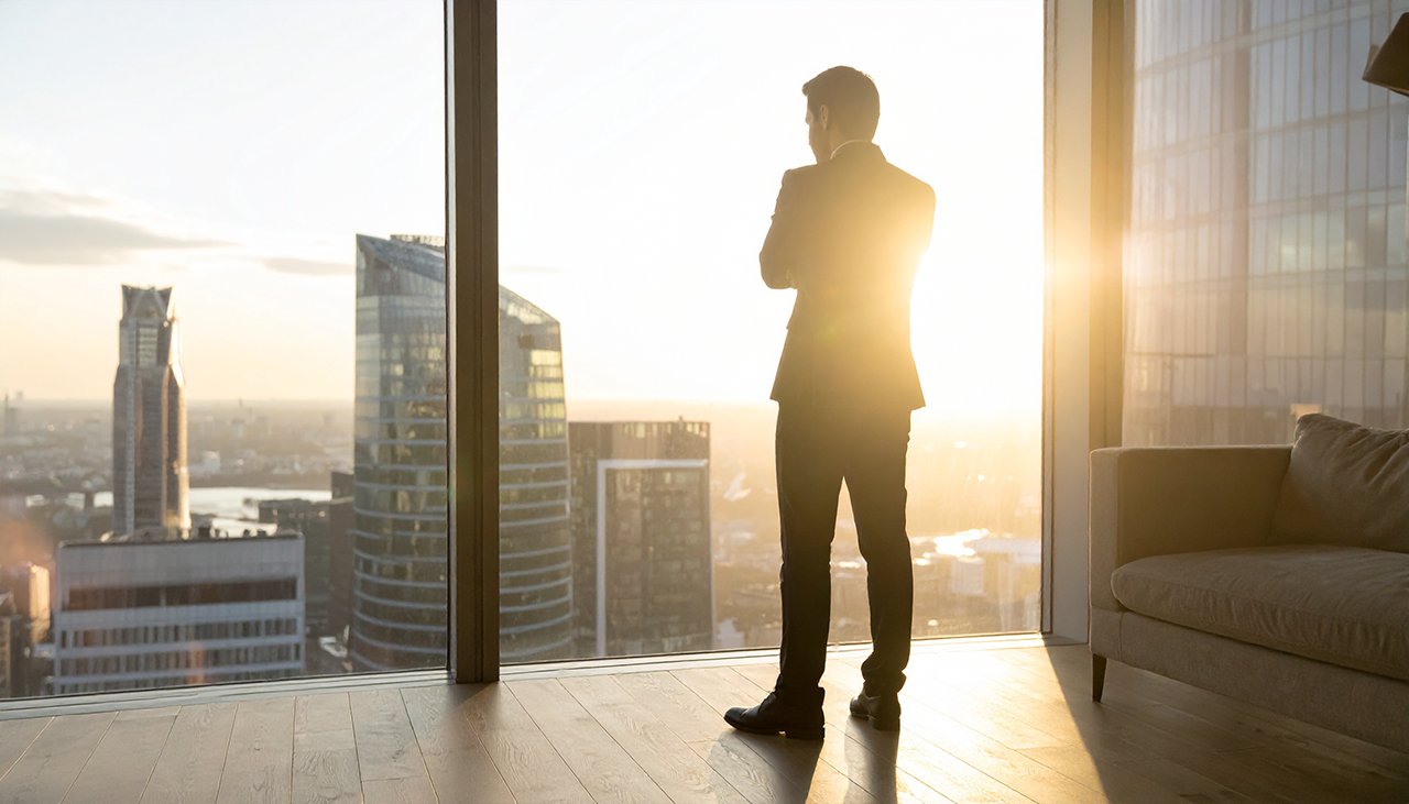 Person in Penthouse blickt soregnvoll aus dem Fenster - Schulden durch Boni und Provisionen - AdvoNeo Schuldnerberatung