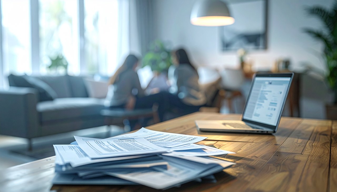 Deutscher Haushalt im Jahr 2025 mit unbezahlten Rechnungen auf dem Tisch und einer Familie im Hintergrund, die über ihre finanzielle Belastung spricht.