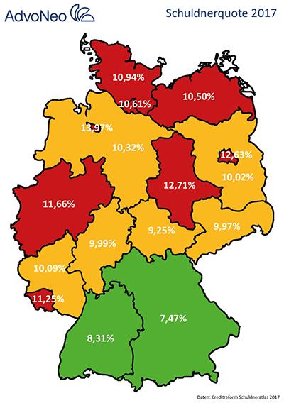Deutschlandkarte Schuldnerquote 2017