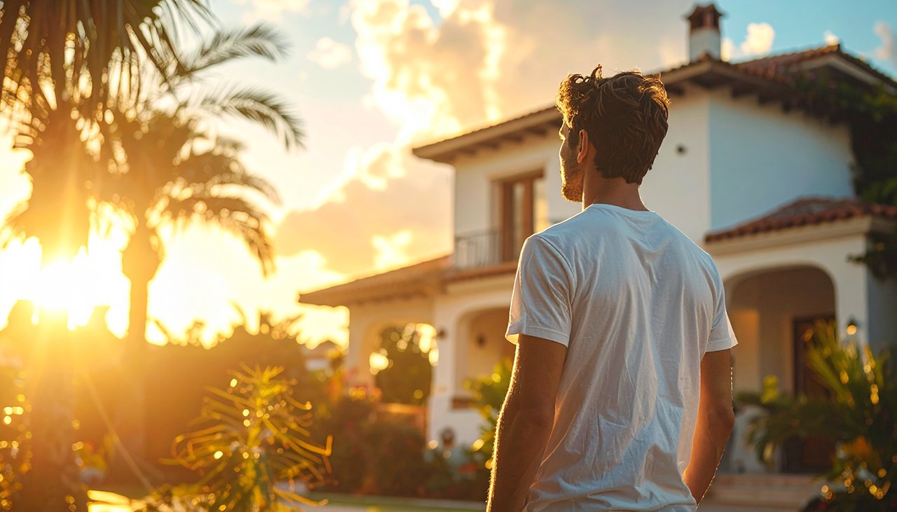 Mittelmeer-Villa mit Palmen und nachdenklicher Person davor, Symbol für Schuldenrisiken bei Auslandsimmobilien